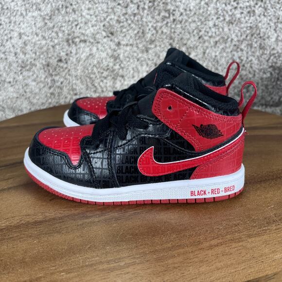 Size 9c - New Air Jordan 1 Mid SS TD Bred Black Gym Red White Toddler DM9649 001 - Picture 5 of 12